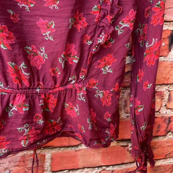 Maroon Free People Amanda Ruffle Floral Wrap Long Sleeve Top in Sultry Combo - Picture 16 of 16